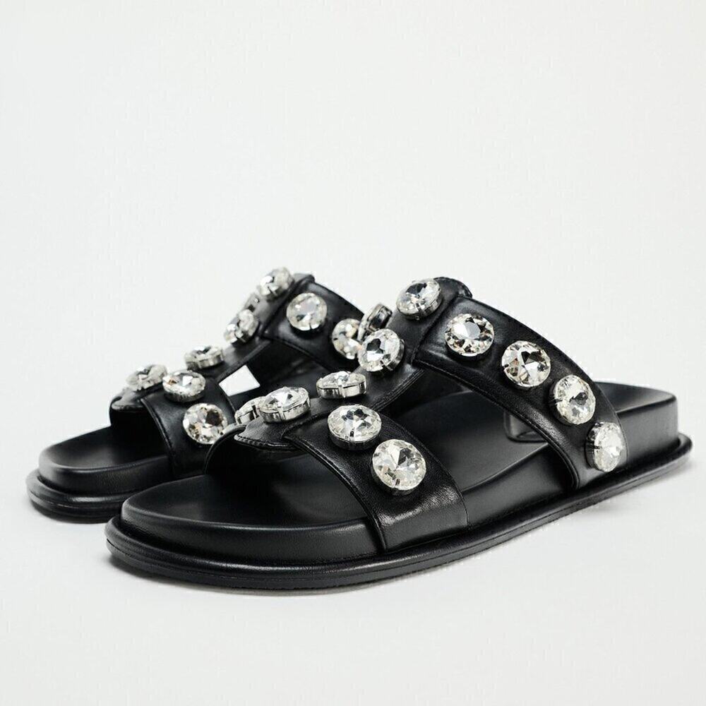 ZARA Black Crystal Embellished Flat Sandals NWT Double Strap Gem Slides Size 7.5 - Picture 14 of 16